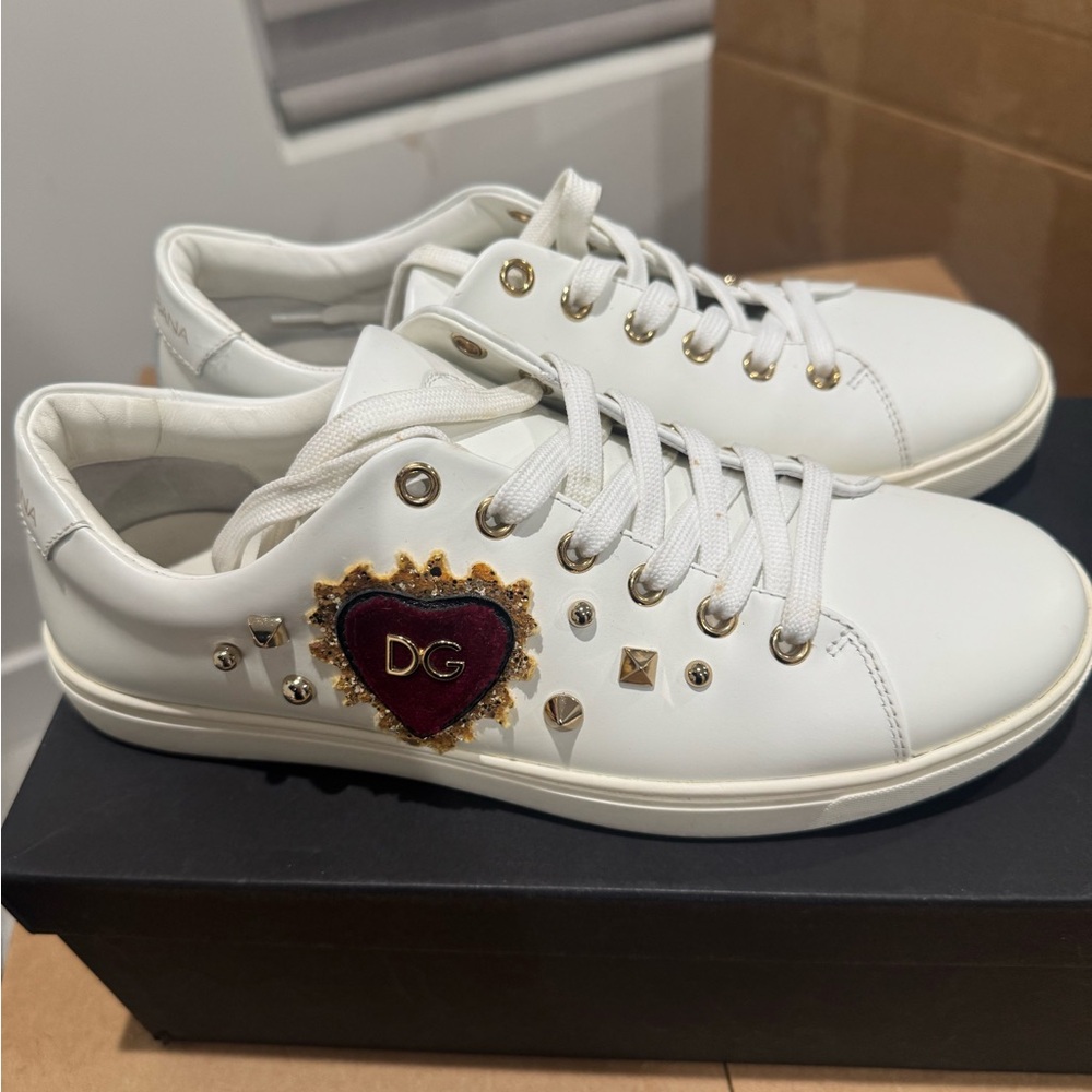 Dolce & Gabbana White Sneakers with Gold and Red Details